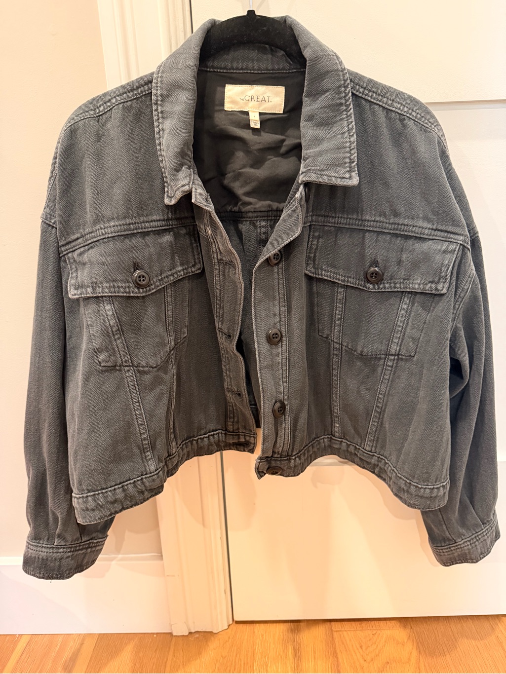 The Great. Cropped Washed Black Denim Jacket